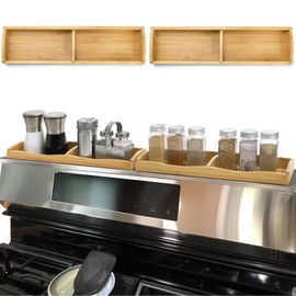 Yesland 30" Wide Stove Top Shelf Spice Rack Storage, Magnetic Bamboo Spices Shelf Flexible Seasoning Gadgets with 4 Functional Partitions for Home Stove Kitchen Storage Organization