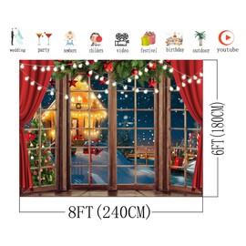 AIIKES 8x6FT Christmas Backdrop Christmas Window Backdrop Christmas Cartoon Indoor Christmas Tree Family Party Decoration Photography Backdrop XY73