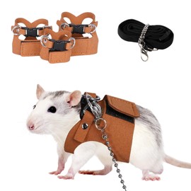 3 Pack Rat Harness and Leash - Adjustable Soft Leather Small Animal Harness Leash Traction Rope Anti-Bite Chain Training Walking Vest Accessories for Squirrel Reptile (Brown)