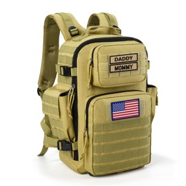 SHARKMOUTH Military Diaper Bag for Dad - Insulated Baby Diaper Backpack with Patches for Hiking Travel Camping - Baby Shower Gifts Tan