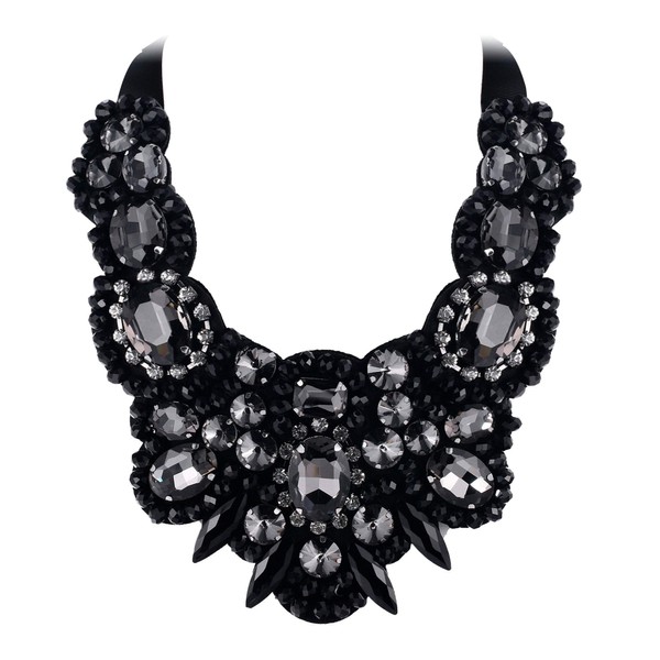 Flyonce Black Rhinestone Crystal Bib Chunky Collar Statement Necklace for Women Girls Costume Jewelry