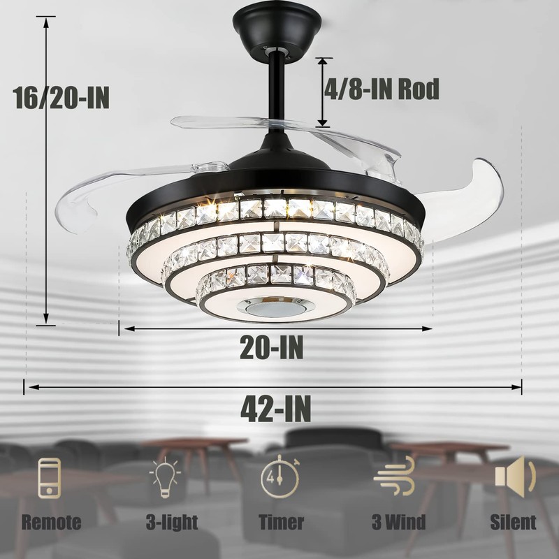 Fandian 42" Modern Fandelier Ceiling Fan with Light,Smart Bluetooth Crystal