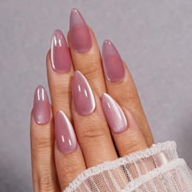 KQueenest Cat Eye Press on Nails Almond Medium, Bling Dark Pink False Nails with Glue, Glazed Sparkly Glass Fake Nails Press ons, Reusable Soft Gel Stick on Nail for Women Summer, 30 Pcs