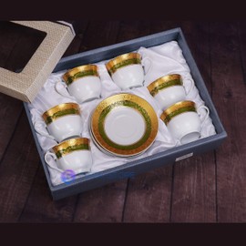 Luxury Espresso Coffee Set Gold Roses 6 Cups 6 Saucers in Gift Box (Green Ring)