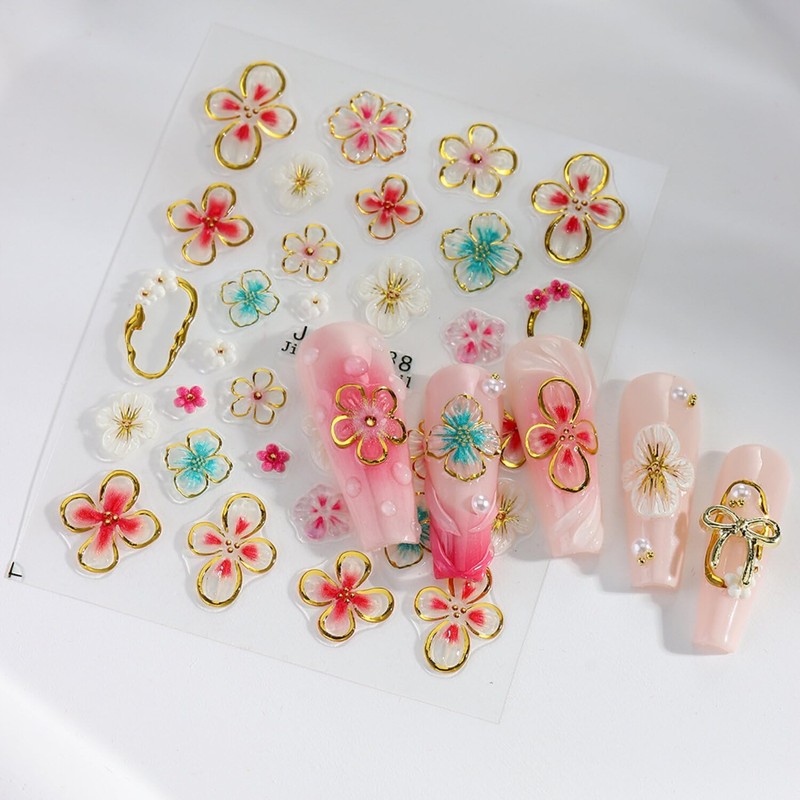 4 Blätter farbenfrohe 3D Blumen-Nagel-Sticker, selbstklebend, Nagelkunst-Design-Zubehör, hohe Qualität
