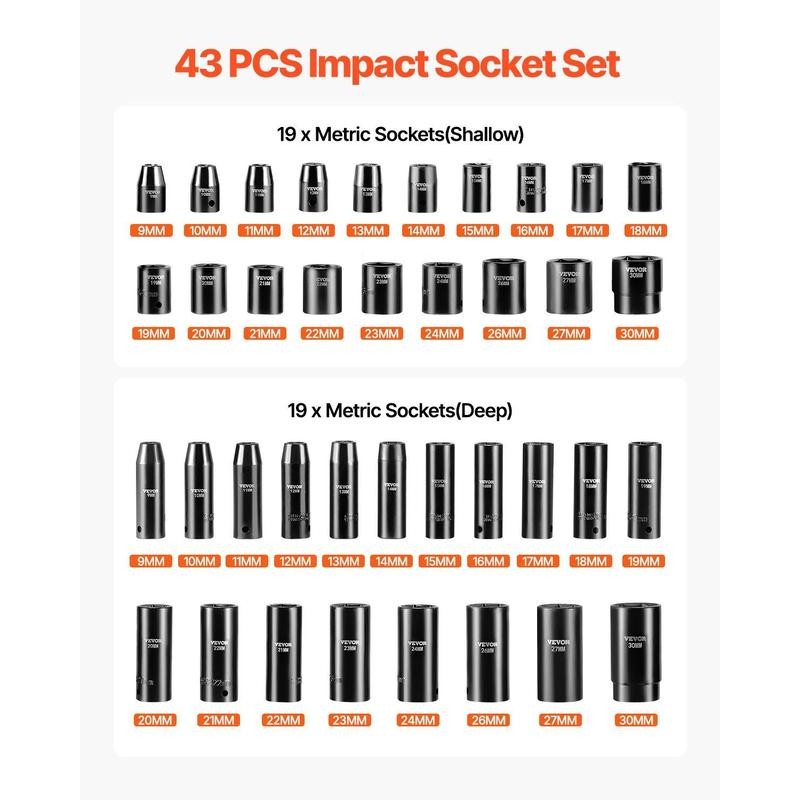 VEVOR Impact Socket Set 1/2 Inches 43 Piece Impact Sockets,