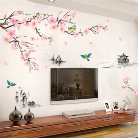 Condessacity Wall Sticker Tree Pink Flower Birds Painting Wall Sticker Painted in Ink and Watercolor Azumaya Sailboat Mountains Wall Stickers Stylish Removable Wall Stickers Waterproof Wall Decor Wall