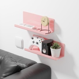 PAVSTINE Adhesive Floating Shelves for Wall No Drilling, 12 Inch Acrylic Self Adhesive Shelves, Stick on Shelves, Dorm Wall Shelf, for Bathroom, Kitchen, Bedroom, Office, Gaming Room, Pink