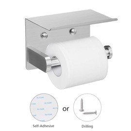 VAEHOLD Self Adhesive Toilet Paper Holder with Phone Shelf SUS304 Stainless Steel Wall Mounted Toilet Paper Roll Holder - Rustproof and Bathroom Washroom Tissue Roll Holder with Storage Shelf - Silver