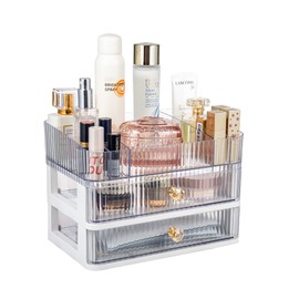 Feyarl Clear Makeup Vanity Cosmetic Organizer with 2 Large Drawer Perfume Skin Care Lotions Container Gorgeous Decor Dresser Bathroom Countertop Stroage for Lipstick Nail Polish Facial mask