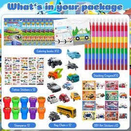 Cinrobiye 72 Pcs Transportation Party Favors Set, Vehicle Car Coloring Books Crayons Tattoos Stickers Stampers, Birthday Supplies Goodie Bag Fillers, Race Car Party Decorations
