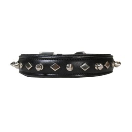 Derby Originals Dog Designer Series USA Leather Spikes and Diamond Padded Dog Collar, Black, 18"