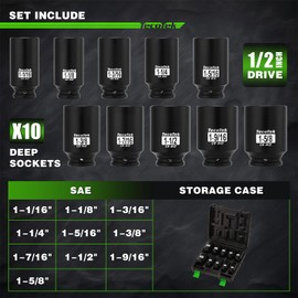 TecoTek 1/2" Drive Deep 6-Point Impact Socket Set, 10-Piece Deep SAE Spindle Axle Nut Impact Socket Set, Cr-Mo, 1-1/16-Inch to 1-5/8-Inch Size, Enhanced Storage Case