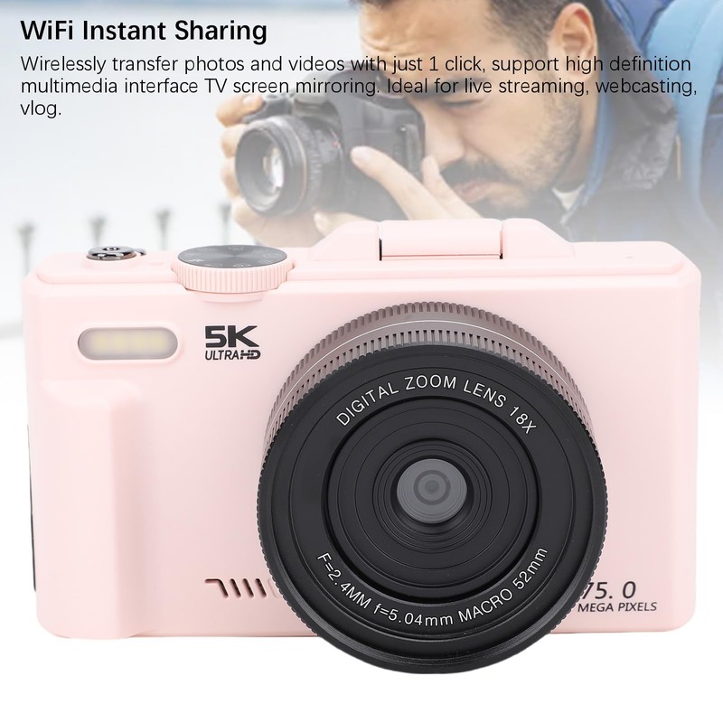 5K Digital Camera, WiFi 75MP Vlogging Camera, Compact Portable Autofocus