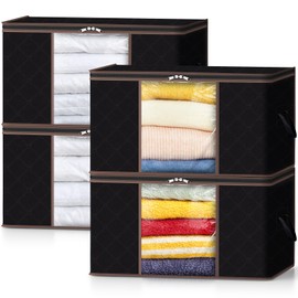 Lifewit 4 Pack Large Clothes Storage Bags Boxes with Lids, 75L Wardrobe Storage Organiser Packing Boxes for Moving House with Reinforced Handle Thick Fabric for Clothing Towel Blanket Bedding, Black