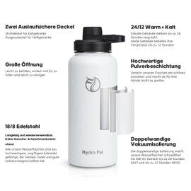 HydroPal Stainless Steel Drinking Bottle - 750 ml, 1 L, 1.2 L, BPA-Free, Suitable for Carbonated Drinks, Insulated Thermos Flask with Straw and 2 Lids, Leak-Proof Insulated Bottle for Children,