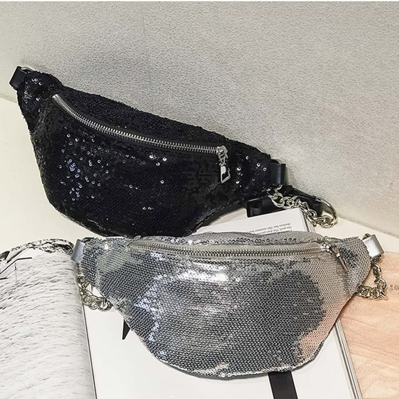 Fashion Bum Bag Silver Metallic Sequins Bag Belt Bag Sequins