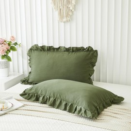 Herside Olive Green Ruffle Pillow Cover Set of 2, Shabby Chic Pillowcases, Ruffle Lace Design Soft Green Boho Pillow Shams 2 Pack (Olive Green, (50x75cm))