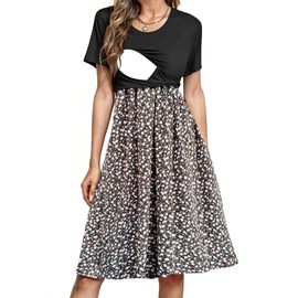 PARNIXS Women's Nursing Dress Summer Short Sleeve Patchwork Pregnancy Clothes with Pockets, X-Large