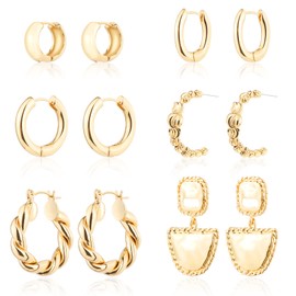 Wgoud 6 Pairs Golden Hoop Earrings Set for Women, 14K Golden Plated Hypoallergenic Lightweight Chunky Open Huggie Hoops Earrings Jewelry for Gift.