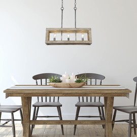 Wood Chandelier, 3 Light Farmhouse Chandelier Light Fixtures, Rectangle Island Lighting for Kitchen Dining Room