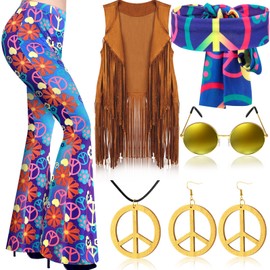 Haull 7 Pcs 60s 70s Outfits for Women Hippie Costume Set Boho Flared Pants Fringe Vest Peace Sign Accessories Set (Dreamy Flower,XX-Large)