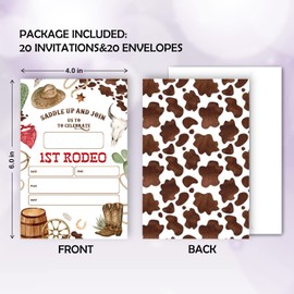 20 Sets Western Cowboy 1st Rodeo Birthday Party Invitations Boy With Envelopes,Retro Double-sided Printed Birthday Party Invite Cards Invitations for Teen Boys,Cowboy 1st Rodeo Birthday Invites Boy
