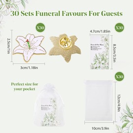 Lily Memorial Pins,30 Set Funeral Favours For Guests,Funeral Decorations With Lilies Memory Pins,Memory Cards,Organza Bags