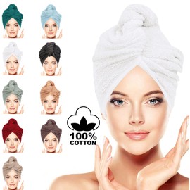 LUXURY Hair Towel Wrap 100% Cotton, Instant Drying Lightweight Turban Cap Super Quick Absorbent Anti-Frizz Twist Toweling Dry Hat with Button Loop for Long Curly Hairs, 62CM x 23CM White Pair