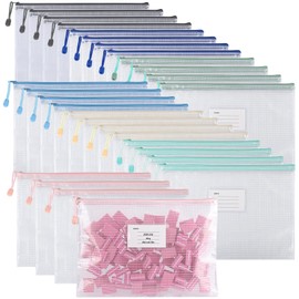 28Pcs Mesh Zipper Pouch Bags，A4 Mesh Storage Bags with Label Pocket，Waterproof Pouches for Organization School, Office & Travel，7 Colors