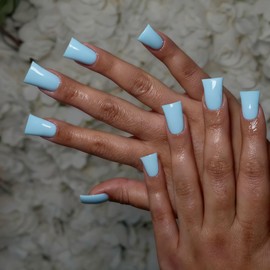 KQueenest Duck Press on Nails Medium - Acrylic Press on Nails Light Blue, Glossy Opaque Fake Nails with Glue, Fit Perfectly, Reusable Soft Gel Glue on Nails for Women, 24 Pcs