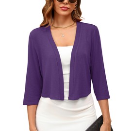 Ylhystrical Women's 3/4 Sleeve Thin Shrugs for Dresses Purple X-Large Open Front Knit Lightweight Coat Cropped Tops Shawls and Wraps Cardigan Dressy Sweater Clothes