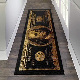 Black Gold Rugs 100 Dollar Bill Area Runner Money Nonslip Rubber Backed Laundry Room Rug Floor Mat for Living Room Dining Room Washroom Bathroom Mudroom Kitchen Doormat Hallway 24"X60"