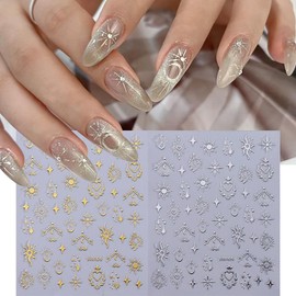 6 Pcs Sun Moon Star Nail Stickers for Nail Art, 3D Self-Adhesive Gold Silver Gothic Nail Decals, Boho French Nail Supplies Nail Art Design Accessories for Women and Girls Manicure DIY Decoration