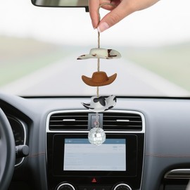 Cow Print Hat Car Accessories, Disco Ball Mirror Ornament Hanging Accessories, Western Cowgirl Hat Rear View Mirror Car Charm, Hanging Cowboy Hats Charm for Women, Flower