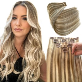 Seamless Clip in Hair Extensions Human Hair, Blonde Balayage Ash Blonde Clip in Hair Extensions Real Human Hair Clip in Extensions 7pcs 100G 18 Inch Clip on Human Hair Extensions