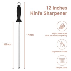 Maclia Kitchen Knife Sharpener Rod-12 Inches Professional Carbon Steel Knife Sharpening Honing Rod with Hanging Holes for Household, Chef, Hunting Sporting and Pocketknives, 17" Overall