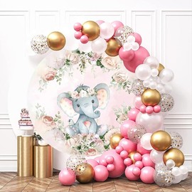 TTQYFNM 6.5x6.5ft Pink Elephant Baby Shower Round Backdrop Cover Watercolor Pastel Floral Cute Elephant Photography Background for Newborn Girls Baby Shower Birthday Party Decoration Photo Booth Props
