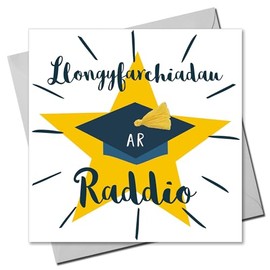 Claire Giles Greeting Cards, Welsh Graduation Congratulations Card, Star design, Well done on your Graduation Welsh language Card, Embellished with colourful Tassel