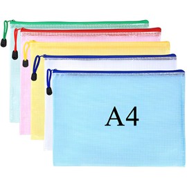 MIETONG A4 Plastic Zip Wallets Folders - 5PCS Document Folder File Zipper Bags Document Wallet Ziplock Bags Travel Storage Pouch Mesh Zip Folders for School Office Supplies and Travel Accessories