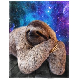 HommomH Sloth Blanket for Adults Kids, Funny Animal Theme Space Galaxy Background, Soft Cozy Fleece Throw Blankets for Couch Bed, Blue and Purple, 60"x80"