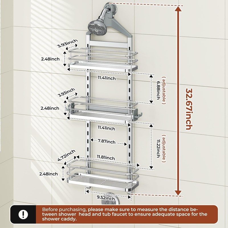 Orimade Aluminum Hanging Shower Caddy Over Head, Adjustable Bathroom Shelf
