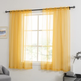 HUTO Gold Yellow Sheer Curtains 63 Inches Long for Living Room Rod Pocket Top Window Sheer Panels Curtains for Bedroom 2 Panels
