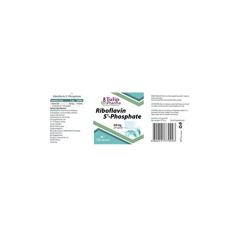 Tulip BioPharma Vitamin B2 (Riboflavin 5'-Phosphate) 250mg 120 Capsules, 3rd