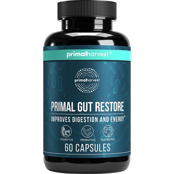 Restore for Gut Health by Primal Harvest, Primal Gut Restore w/ POSTbiotics, PREbiotics and PRObiotics for Women and Men, 60 CT - Digestion, Colon Cleanse, Immunity Support - Helps Leaky Gut Repair