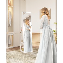 Hzuaneri 16 LEDs Jewelry Cabinet Armoire, 61.5" H Standing Jewelry Organizer with 360° Rotating Base, Lockable Full-length Mirror, 4-tier Storage Shelves, 4-in-1 design, White and Black JC15903B