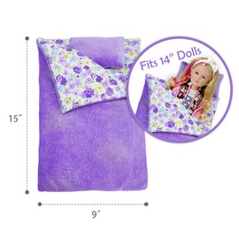 June Garden Cozy Dream Reversible Doll Sleeping Bag - 2-Piece Playset Doll Accessory with Pillow - Fits 14" American Girl Dolls - Gifts for Girls 2 3 4 Year Old