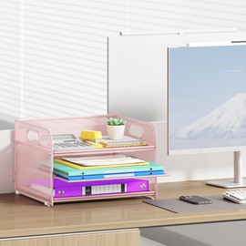 Cawukege 3 Tier Paper Organizer with Handle, Metal Desk Organizer Mesh Paper Letter Tray Desktop File Folder Document Sorter for Classroom, School, Office Accessories Organization and Storage - Pink