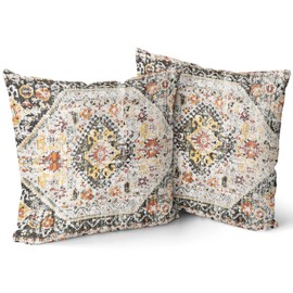 Green Orange Yellow Vintage Bohemian Pillow Covers 18X18 In Muted Cream Boho Flower Rug Print Oriental Carpet Pillowcases Set 2 Antique Tapestry Retro Farmhouse Throw Pillows For Cushion Couch Outdoor