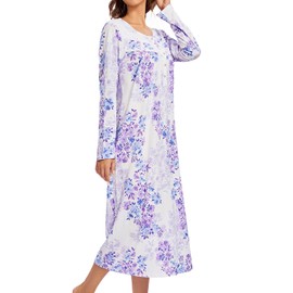 FMIRREO Long Cotton Nightgown Women's Long Sleeve Sleepwear Full Length Night Dress Soft Comfy Button Loungewear Print Purple-XXL